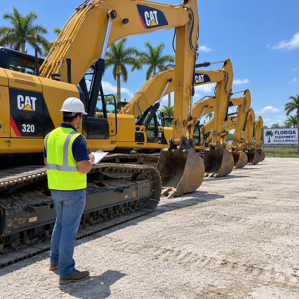 Technician inspecting a row of yellow excavators at an equipment yard
